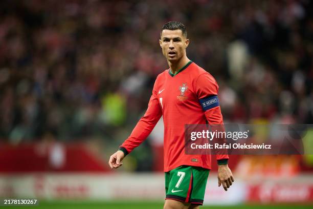 Cristiano Ronaldo of Portugal looks on during the UEFA Nations League 2024/25 League A Group A1 match between Poland and Portugal at PGE Narodowy on...