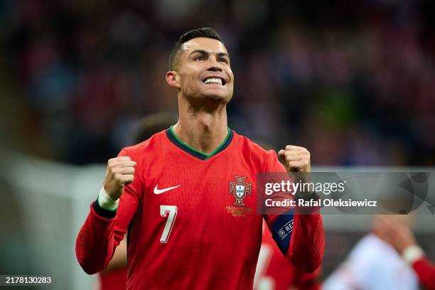 Cristiano Ronaldo reacts after scoring his team second goal during the UEFA Nations League 2024/25 League A Group A1 match between Poland and...