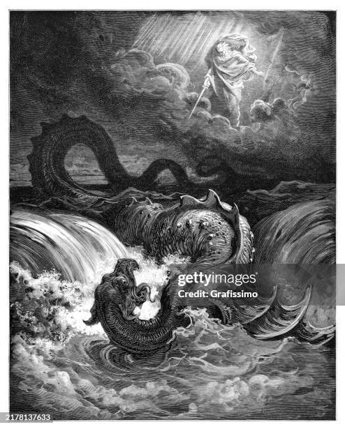 zerstörung des meeresschlangendämons leviathan durch gott illustration 1884 - dämon-fiktionale-figur stock-grafiken, -clipart, -cartoons und -symbole