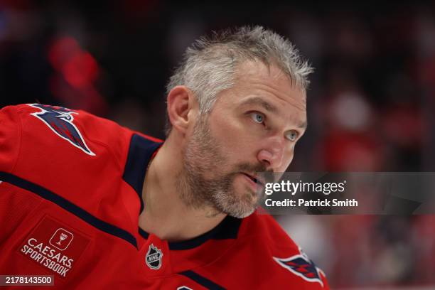 Alex Ovechkin of the Washington Capitals looks on before playing against the New Jersey Devils at Capital One Arena on October 12, 2024 in...