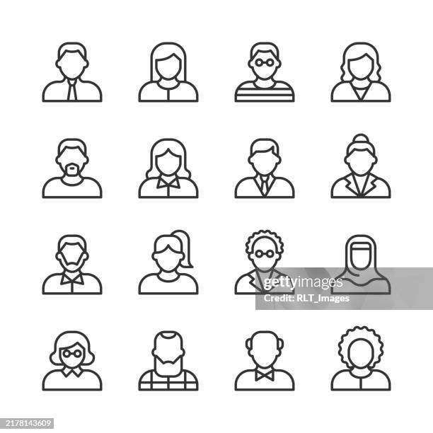 illustrazioni stock, clip art, cartoni animati e icone di tendenza di icone avatar — serie monoline - abito completo a righe