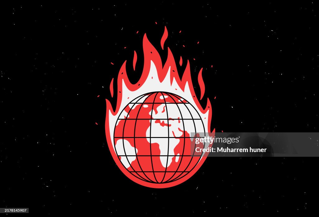 Burning planet earth vector illüstration. Stock vector illustration of the concepts of wars, wildfires, global warming, climate change, abnormal temperatures, apocalypse.