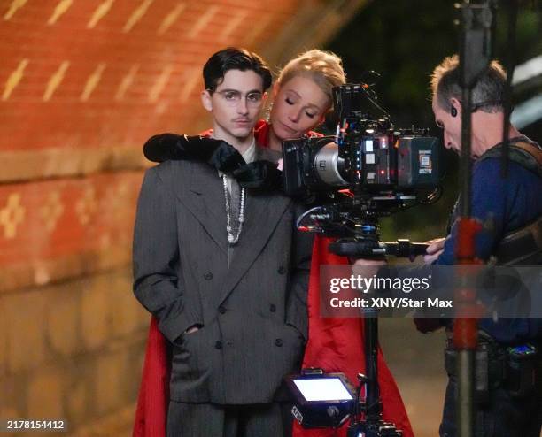 Gwyneth Paltrow and Timothee Chalamet on the set of "Marty Supreme" on October 16, 2024 in New York City.