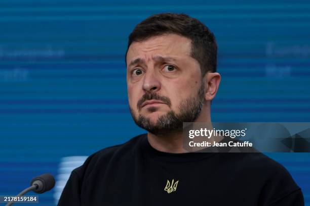 President of Ukraine Volodymyr Zelenskyy speaks to the media during a press conference during the European Council at Batiment Europa on October 17,...