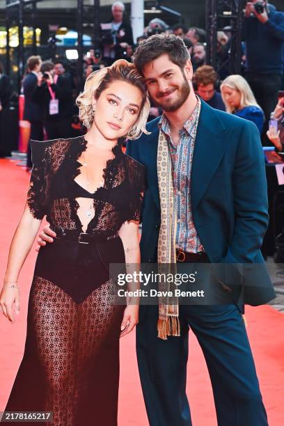 Andrew Garfield poses with a cardboard cutout of Florence Pugh at the Headline Gala screening of "We Live In Time" during the 68th BFI London Film...