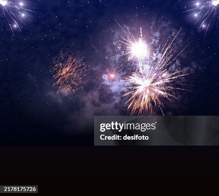 Silver golden colored shiny fireworks exploding sparkling explosions over shining midnight dark starry sky festive glowing glittering horizontal vector backgrounds for Happy New Year, Christmas, Diwali celebrations greeting cards, posters, wallpapers Silver golden colored shiny fireworks exploding sparkling explosions over shining midnight dark starry sky festive glowing glittering horizontal vector backgrounds for Happy New Year, Christmas, Diwali celebrations greeting cards, posters, wallpapers