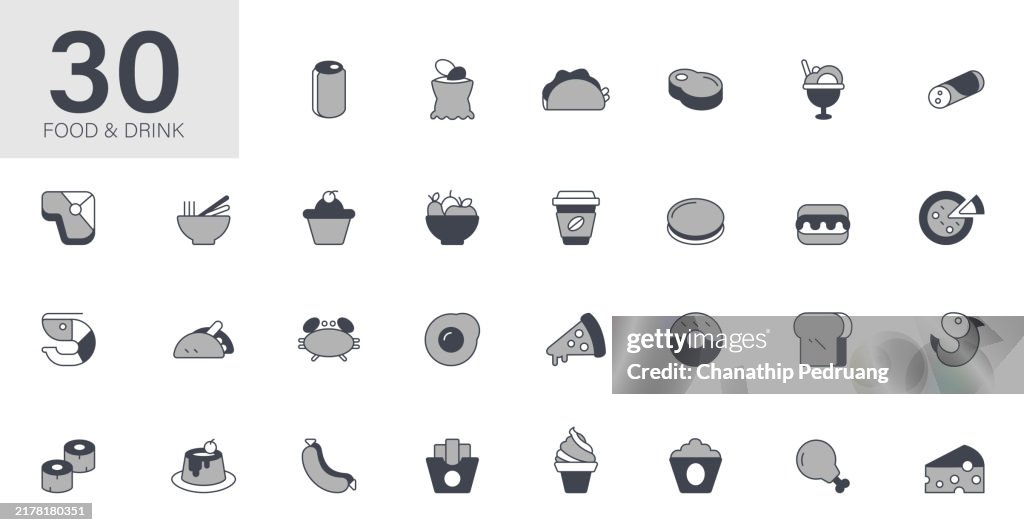 Food & Drinks icon set. Solid icon collection. Vector illustration. stock illustration Icon Symbol, Sandwich, Pizza, Burger, Bread