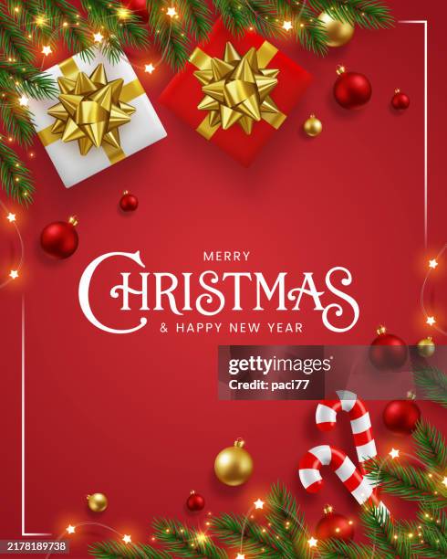 bildbanksillustrationer, clip art samt tecknat material och ikoner med christmas holiday background with gift boxes, xmas balls, gold stars and candy cane in red background - christmas