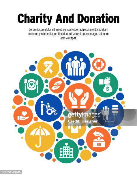 wohltätigkeits- und spendenbezogene vektorillustration. wohltätigkeit, hilfe, freiwilligenarbeit, unterstützung, spende, pflege, gemeinschaft - organspende stock-grafiken, -clipart, -cartoons und -symbole