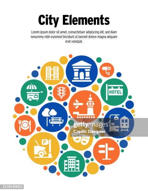 city elements related vector illustration. urban, building, cityscape, architecture, city life - ecosystem stock illustrations