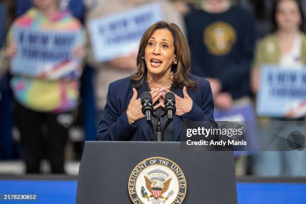 Democratic presidential nominee Vice President Kamala Harris speaks at a campaign rally on October 17, 2024 in La Crosse, Wisconsin. Harris continues...