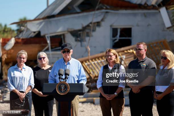 President Joe Biden speaks to the media after a tour of the damage caused by Hurricane Milton on October 13, 2024 in St Pete Beach, Florida. Biden...