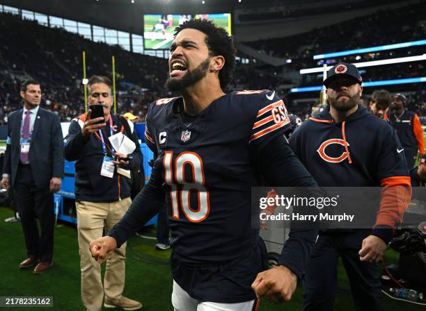 Caleb Williams of Chicago Bears celebrates victory in the NFL match between Jacksonville Jaguars and Chicago Bears at Tottenham Hotspur Stadium on...