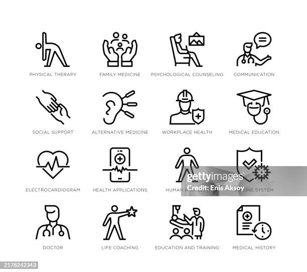 healthcare and medicine: patient care and wellness icons - medical school stock illustrations