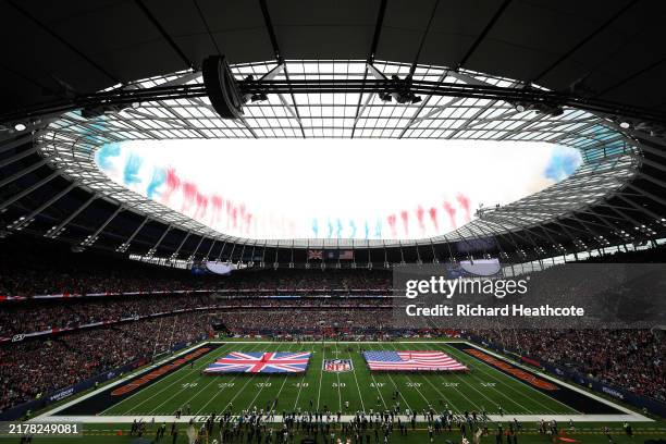 General view inside the stadium, as a pyrotechnic display takes place prior to the NFL match between Jacksonville Jaguars and Chicago Bears at...