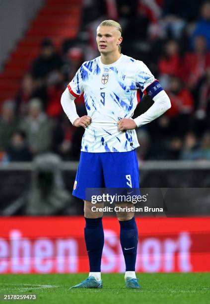 Erling Haaland of Norway looks on during the UEFA Nations League 2024/25 League B Group B3 match between Austria and Norway at Raiffeisen Arena on...