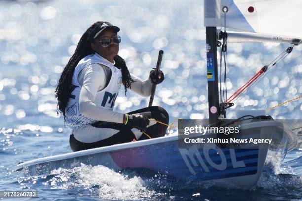 Deizy Nhaquile of Mozambique competes during women's dinghy race 9 of the sailing events of Paris 2024 Olympic Games at the Marseille Marina in...