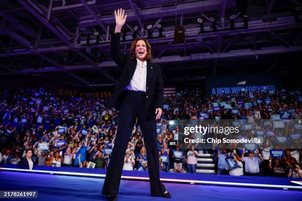 Democratic presidential nominee, Vice President Kamala Harris rallies with supporters at the Williams Arena at Minges Coliseum on the campus of East...