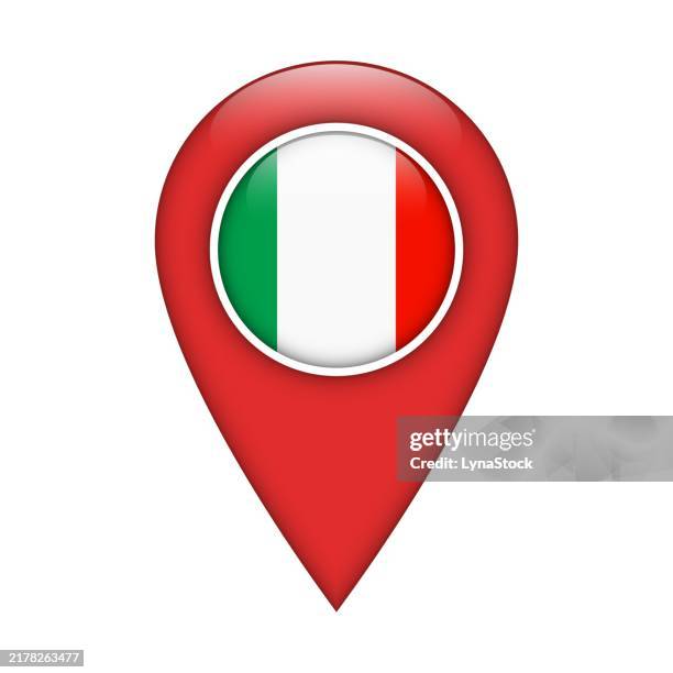 pinpoint vector icon with italy national flag isolated on white background. map pointer symbol for website, gps navigator, apps. illustration in flat design. location marker. geolocation mark on the map. - italian flag stock illustrations