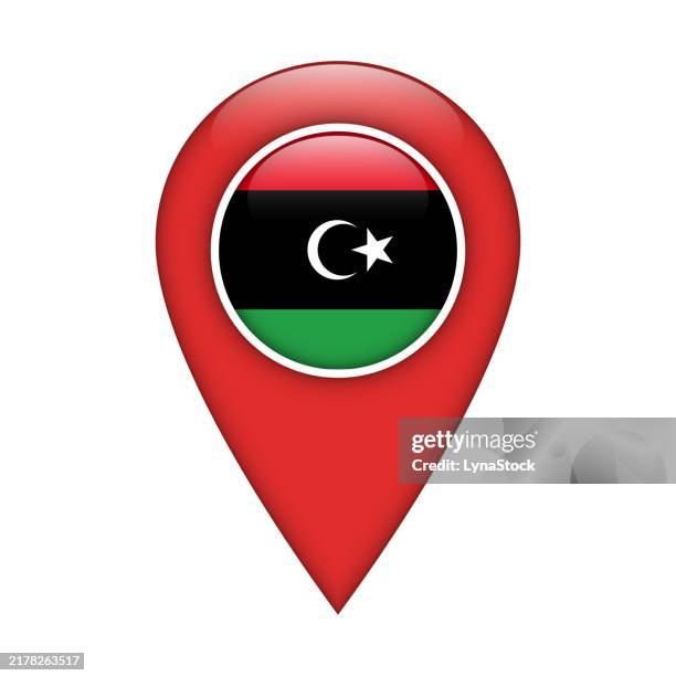 pinpoint vector icon with libya national flag isolated on white background. map pointer symbol for website, gps navigator, apps. illustration in flat design. location marker. geolocation mark on the map. - libya flag stock illustrations