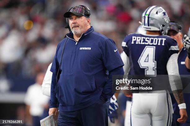 Dallas Cowboys head coach Mike McCarthy looks on during the second quarter of a game against the Detroit Lions at AT&T Stadium on October 13, 2024 in...