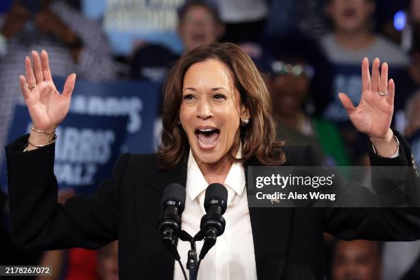 Democratic presidential nominee, Vice President Kamala Harris speaks during a campaign rally at the Williams Arena at Minges Coliseum on the campus...