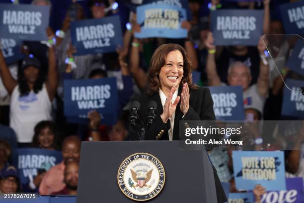 Democratic presidential nominee, Vice President Kamala Harris speaks during a campaign rally at the Williams Arena at Minges Coliseum on the campus...