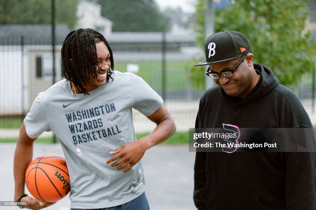 Washington Wizards Rookie Washington Wizards rookie Bub Carrington III, left, laughs with his ...