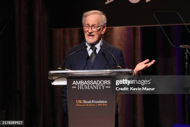 Steven Spielberg speaks onstage as USC Shoah Foundation Hosts 30th Anniversary Gala "Ambassadors For Humanity" at New York Hilton on October 13, 2024...