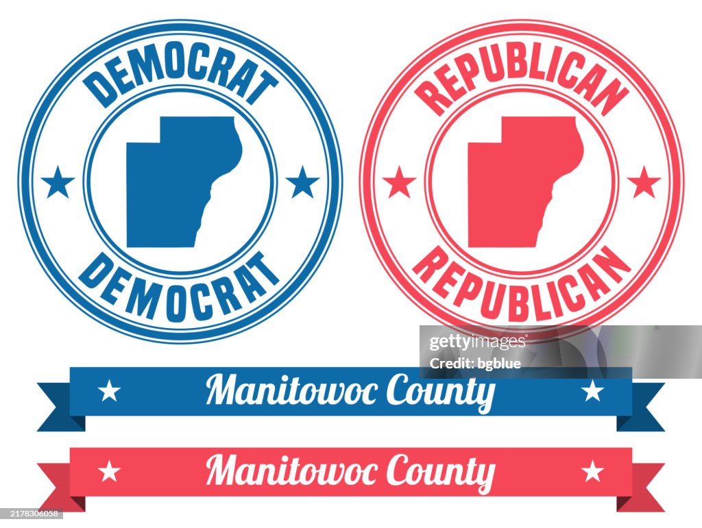Manitowoc County, Wisconsin. Map on rubber stamp with banner