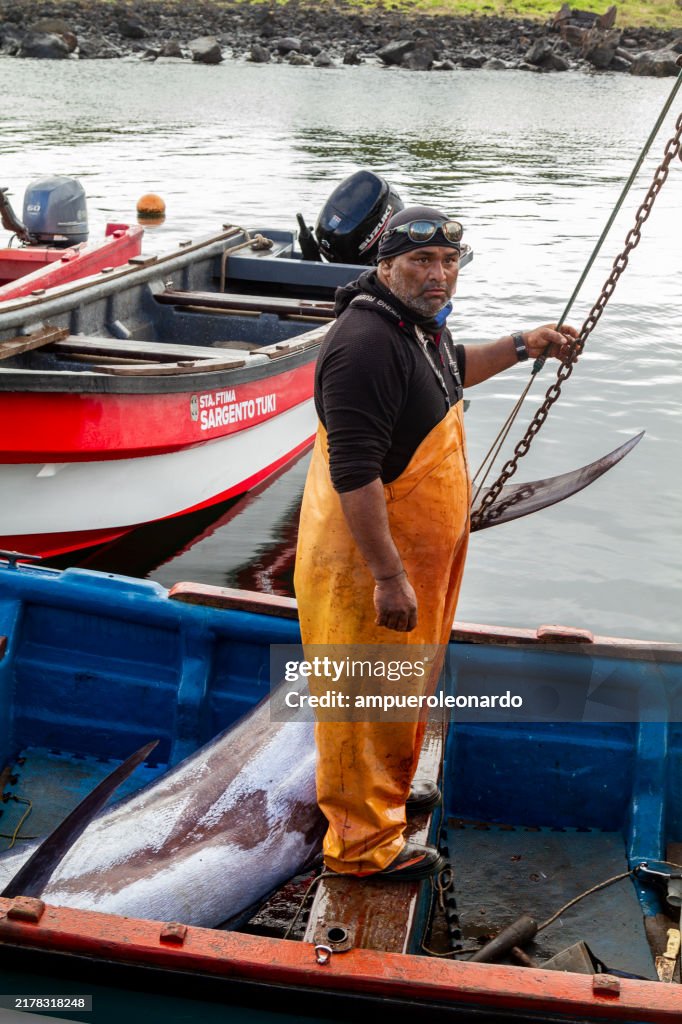 Fishing a big blue Marlin in Rapa Hui, Easter Island, Chile, French Polynesia - Latin America