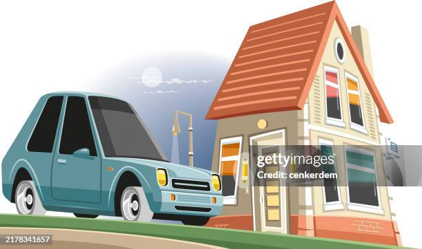 house and car - suburbs night stock illustrations