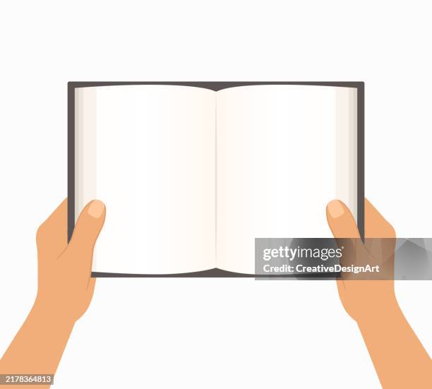 hands holding open book mockup on white background - person reading magazine stock illustrations