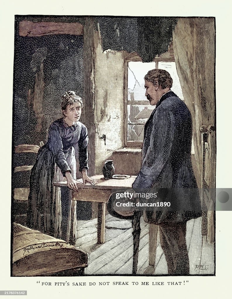 Man talking to a poor woman, living in a slum apartment, London, Victorian, 19th Century, 1890s. Jack Middleton's Mother, by Charles S. Cheltnam.