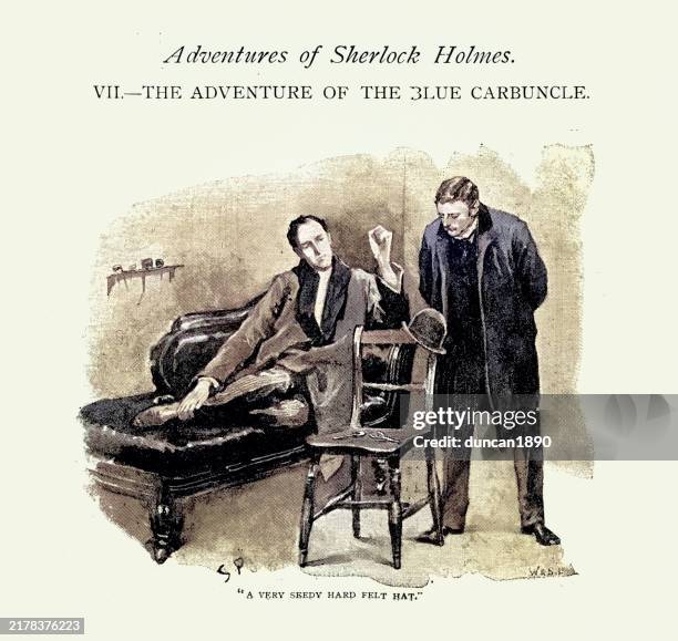 sherlock holmes, das abenteuer des blauen karfunkels, holmes und watson auf der suche nach einem hinweis, viktorianisches 19. jahrhundert. - literatur stock-grafiken, -clipart, -cartoons und -symbole