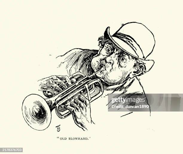street musicians of victorian london, man playing the trumpet, old blowhard, victorian 19th century. gilbert guerdon - old street london stock illustrations