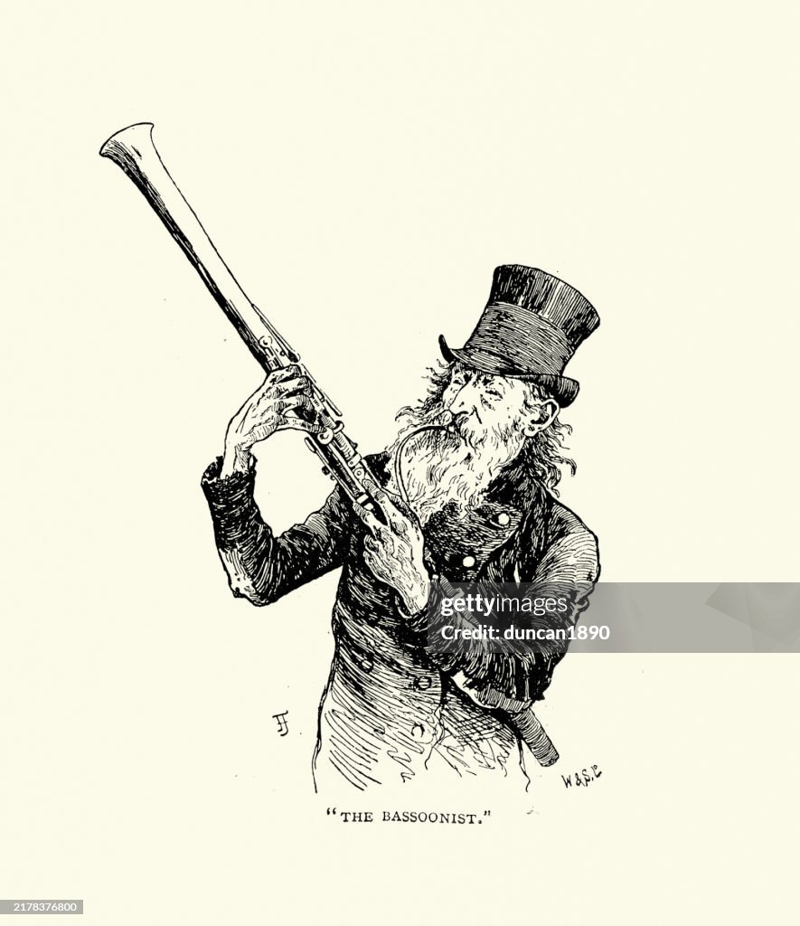 Street musicians of Victorian London, Old man playing the bassoon, The Bassoonist, Victorian 19th Century. Gilbert Guerdon