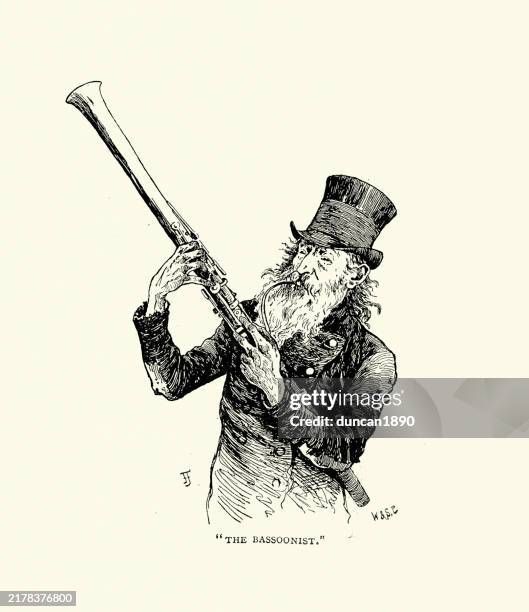 street musicians of victorian london, old man playing the bassoon, the bassoonist, victorian 19th century. gilbert guerdon - old street london stock illustrations