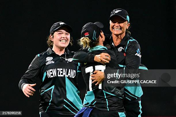 New Zealand's players celebrate after the dismissal of West Indies' Shemaine Campbelle during the ICC Women's T20 World Cup cricket semi-final match...