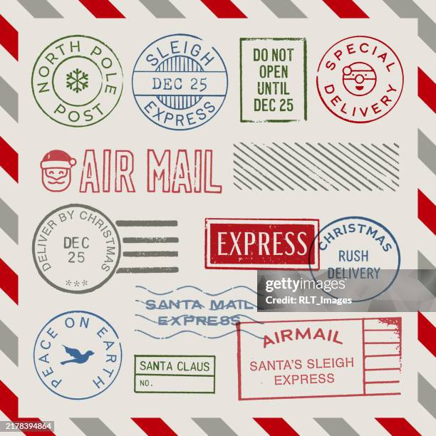 festliche weihnachtsfeiertags-briefmarken - luftpost stock-grafiken, -clipart, -cartoons und -symbole