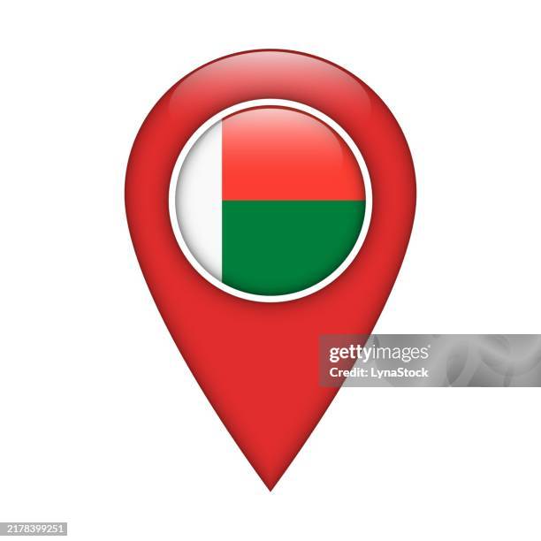 pinpoint vector icon with madagascar national flag isolated on white background. map pointer symbol for website, gps navigator, apps. illustration in flat design. location marker. geolocation mark on the map. - madagascar flag stock illustrations