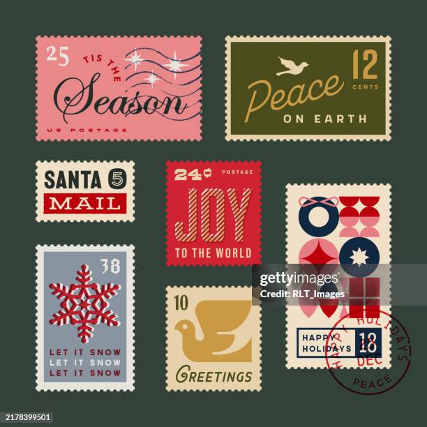 retro christmas and winter holiday postage stamp collection - modern santa claus stock illustrations
