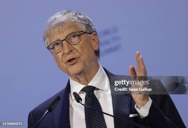 Bill Gates speaks at the pledge session of the 2024 World Health Summit on October 14, 2024 in Berlin, Germany. The session raised over USD 1 billion...