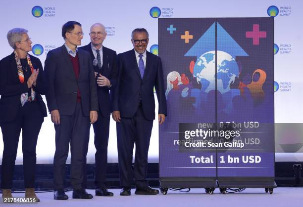 Tedros Adhanom Ghebreyesus , Director-General of the World Health Organization, smiles on stage at the pledge session of the 2024 World Health Summit...