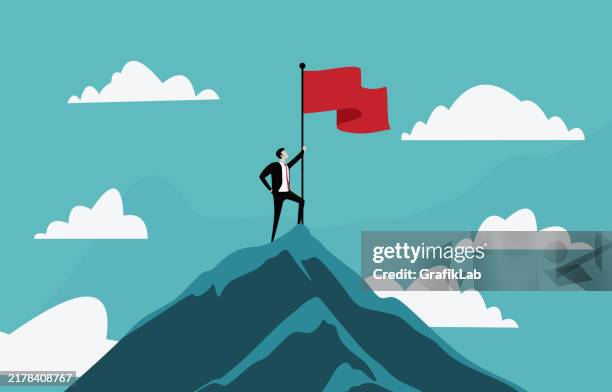bildbanksillustrationer, clip art samt tecknat material och ikoner med businessman reaching the summit and planting a flag - bergstopp