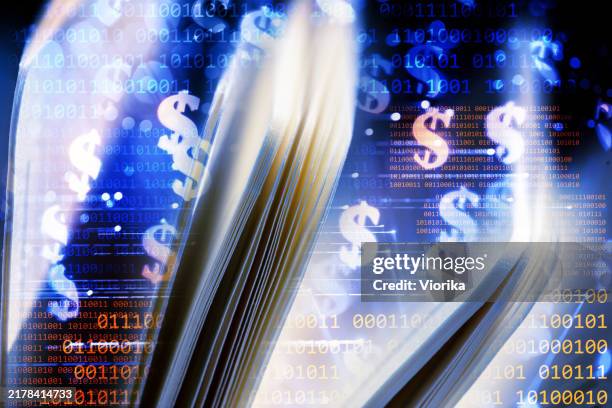 Electronic book concept - book pages on a binary code background with dollar signs
