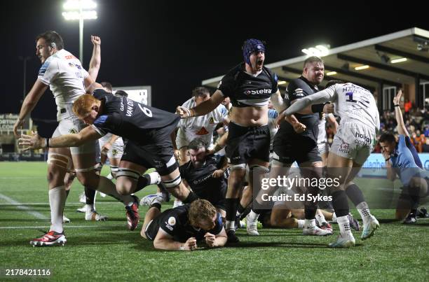 John Hawkins of Newcastle Falcons reacts as Jamie Blamire scores their second try during the Gallagher Premiership Rugby match between Newcastle...