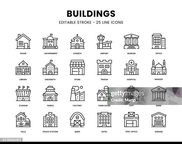 buildings editable line icons - government building stock illustrations