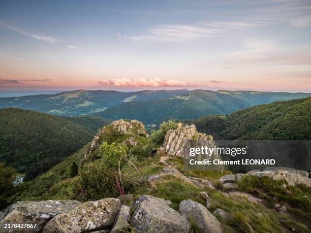 panorama of the vosges mountains ridges as seen from the spitzkoepfe rocks at sunset, with a view on the petit ballon, the grand ballon and the valley of munster, parc naturel régional des ballons des vosges - alsace, lorraine - eastern france. - département vosges frankreich stock-fotos und bilder