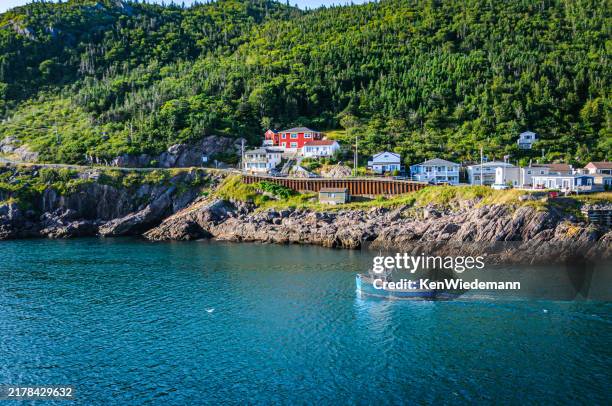 blue trawler in the narrows - maritime provinces stock pictures, royalty-free photos & images